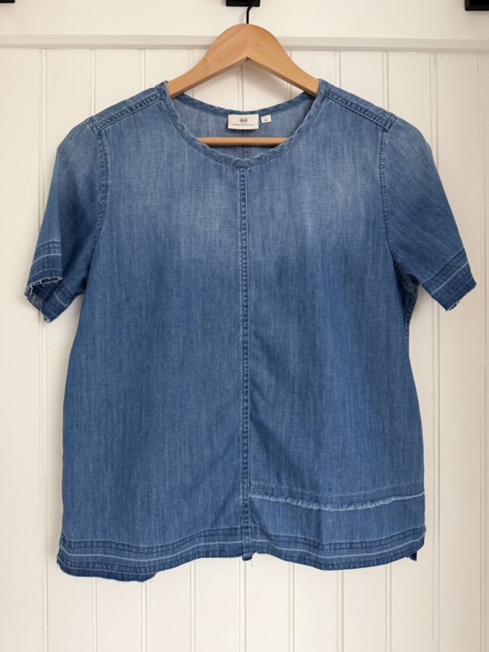 AG Adriano Goldschmied Chambray Denim Tee — Raw Hem Short Sleeve Top, Sz S